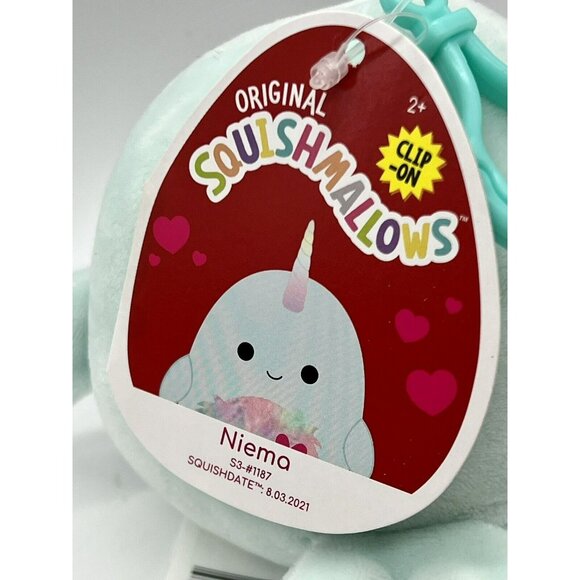 Squishmallows Niema Narwal Valentine Clip Plush 3.5” Mint Green Fuzzy Belly NWT - Picture 3 of 5
